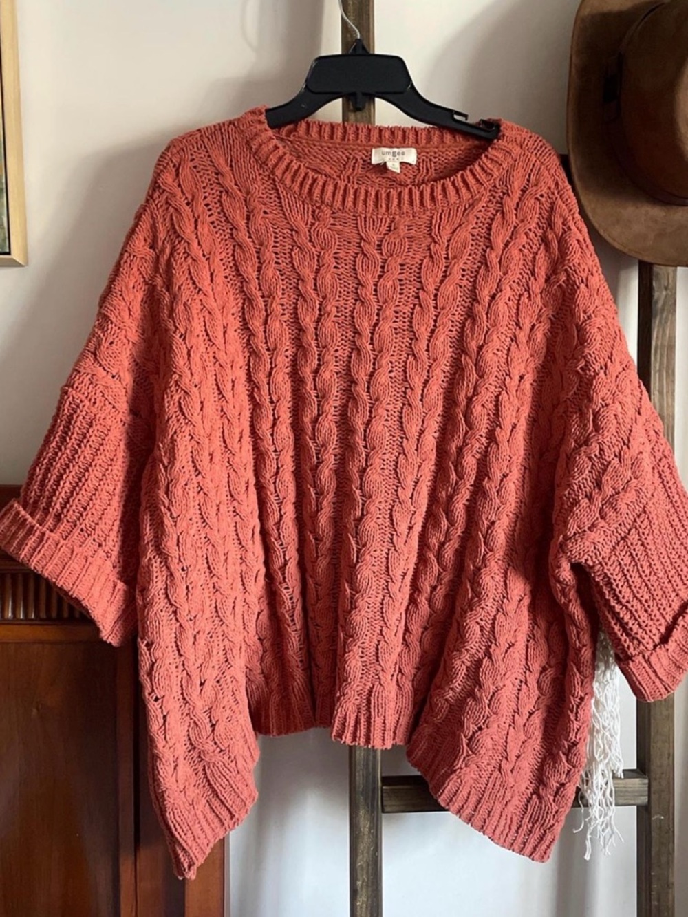 Umgee Coral Cable Knit Oversized Crew Sweater